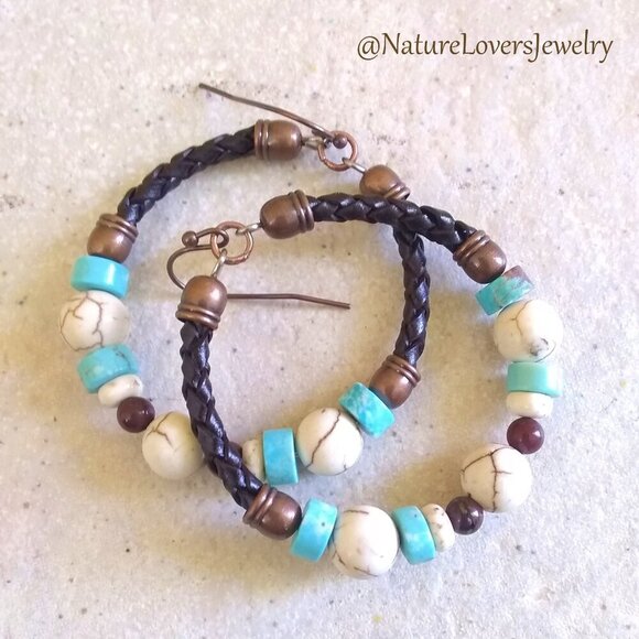 Rustic SouthWestern Flair! Leather + Jasper + Turquoise Howlite Hoop Earrings - Picture 1 of 11